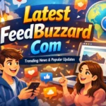 Feature image showing Latest FeedBuzzard Com platform with a young man and woman browsing trending news on smartphone and laptop, surrounded by social media and news icons.