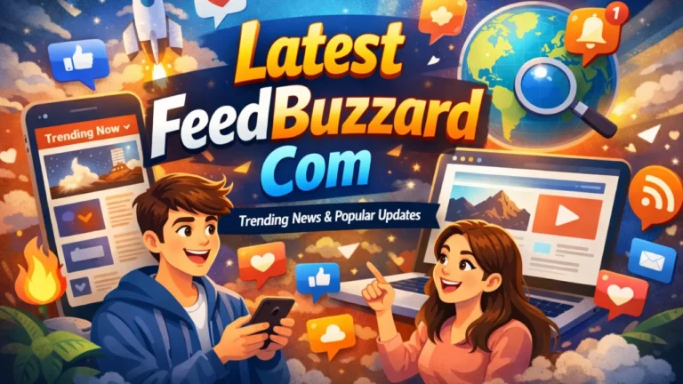 Latest FeedBuzzard Com 2026 updates, features, and Quickly find and stay informed every day. Feature image showing Latest FeedBuzzard Com platform with a young man and woman browsing trending news on smartphone and laptop, surrounded by social media and news icons.
