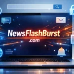 Professional illustration of a laptop showing NewsFlashBurst com website, digital data streams, search icons, and online safety theme