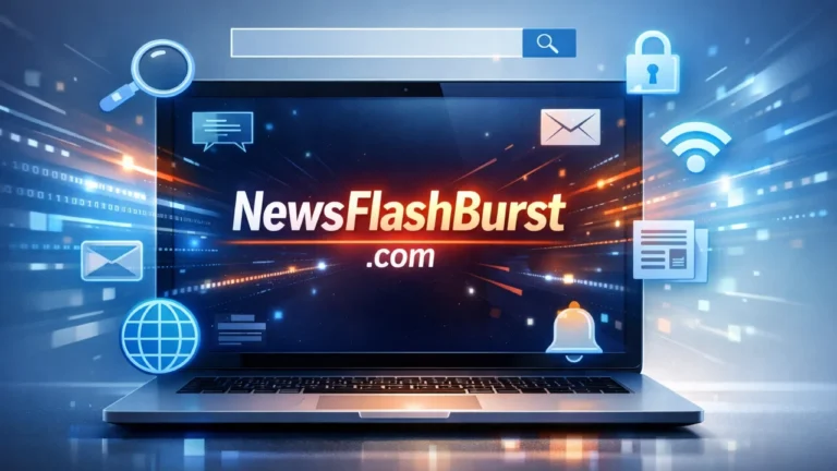 Professional illustration of a laptop showing NewsFlashBurst com website, digital data streams, search icons, and online safety theme