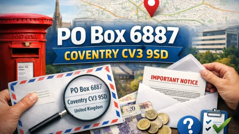 PO Box 6887 Coventry CV3 9SD mailing address letter and UK postbox illustration