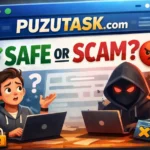 Is Puzutask com legit or a scam? Learn how it works, common tips before Signing Up in 2026. Illustration showing a user confused about Puzutask com, highlighting online earning tasks, potential risks, and warning signs, with a safe vs scam comparison visual.