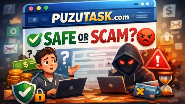 Illustration showing a user confused about Puzutask com, highlighting online earning tasks, potential risks, and warning signs, with a safe vs scam comparison visual.