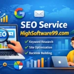 SEO service HighSoftware99.com dashboard showing keyword research, website optimization, and backlink building strategy