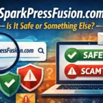 Illustration showing SparkPressFusion com. comdomain under review, with laptop, magnifying glass, warning symbols, and safe vs scam indicators.
