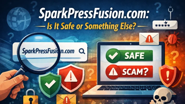 Illustration showing SparkPressFusion com. comdomain under review, with laptop, magnifying glass, warning symbols, and safe vs scam indicators.
