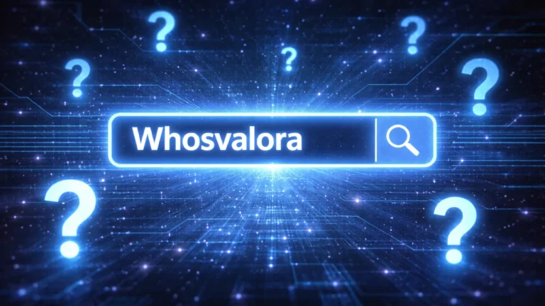 Illustration showing the mysterious internet keyword Whosvalora with question marks and digital search concept
