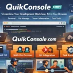 Illustration of QuikConsole com platform showing browser-based terminal, file management, Git integration, and team collaboration tools for developers and remote teams