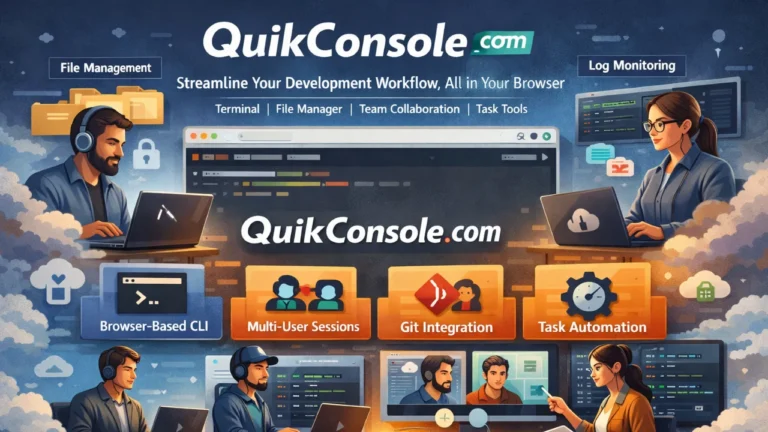 QuikConsole com Full Review: Pros, Cons, features, benefits, risks, and it’s worth using in 2026. Illustration of QuikConsole com platform showing browser-based terminal, file management, Git integration, and team collaboration tools for developers and remote teams