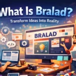 Illustration of Bralad digital platform showing web development, branding, and technology services with designers working on a website and creative marketing elements.