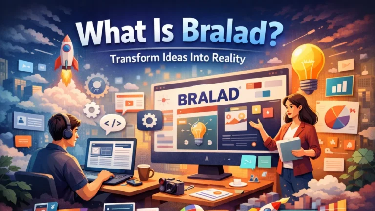 Illustration of Bralad digital platform showing web development, branding, and technology services with designers working on a website and creative marketing elements.